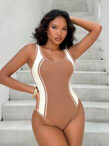 SHEIN Swim Đồ bơi một mảnh hở lưng phối màu mùa hè cho nữ - Nhiều màu - Xem 4