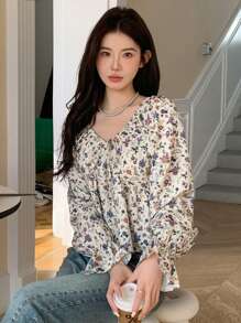DAZY 女士花朵印花荷葉邊衣服配蘭頓袖 - 彩色 - 查看 5