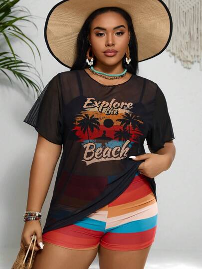 Swim Lushoire Conjunto de traje de baño tipo tankini con top de camisa de tirantes en bloque de color y shorts a rayas de arcoíris, talla grande talla, con cobertor transparente, para la playa de verano