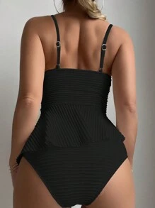 Swim Basics 夏季沙灘女士紋理細節纖細肩帶背心泳衣套裝 - 黑色 - 查看 3