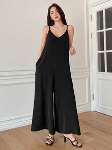 DAZY Của phụ nữ Màu thuần Lỏng lẻo phù hợp Áo liền quần ống rộng Với Dây đai - màu đen - Xem 6