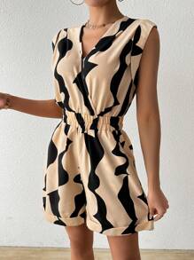 SHEIN LUNE Women's Geometric Printed High Waist Playsuit Shorts - Apricot - View 3