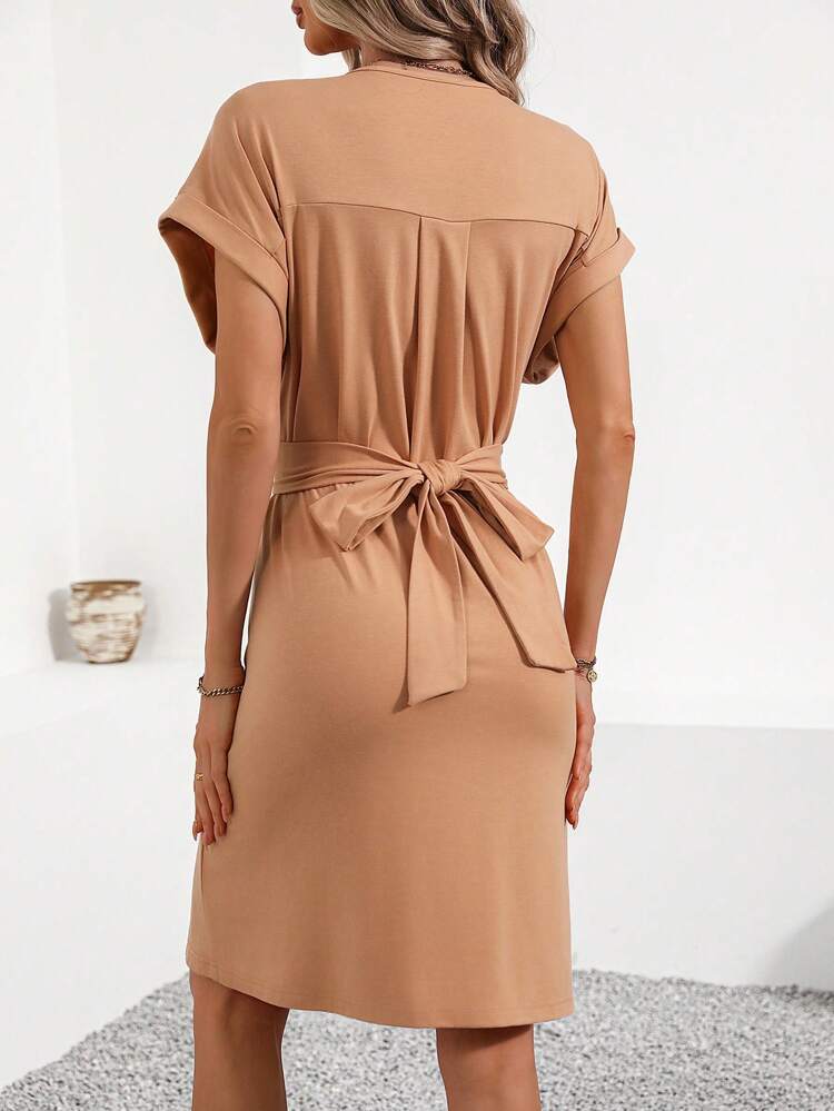 Women's Twist Front Single-Breasted Batwing Short Sleeve Dress