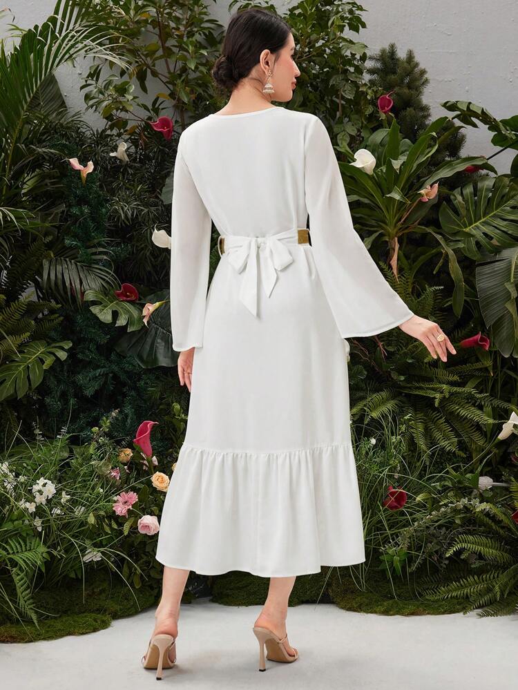 Women's Embroidery Patchwork V-Neck Flare Sleeve A-Line Dress Fall Cloth For Women