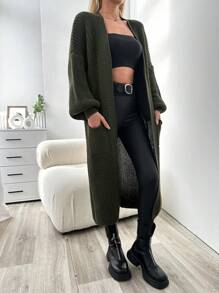 EURMUSE Ladies' Mid-Length Open Front Cardigan With Patch Pockets - Army Green - View 5