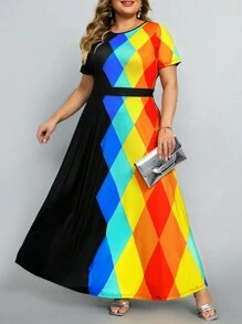 SHEIN Lady Kích thước lớn Của phụ nữ Hình học In Ngắn tay Đầm - Nhiều màu - Xem 2