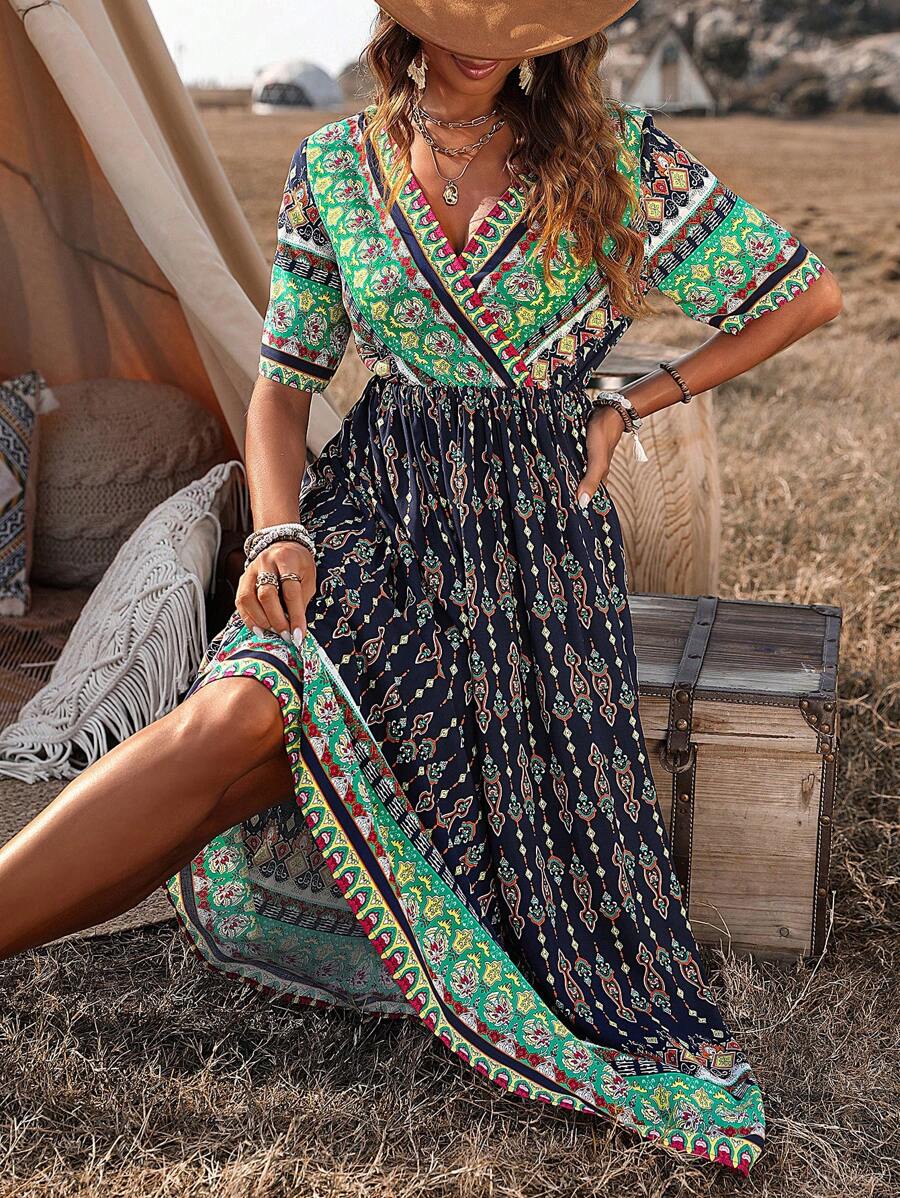 SHEIN VCAY 女性全印花包裝式度假裙 - 彩色 - 查看 1