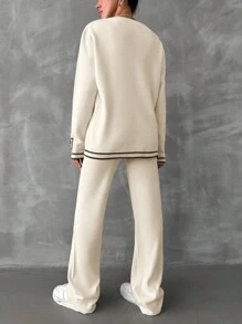 EURMUSE Contrast Binding Drop Shoulder Sweater & Knit Pants - Beige - View 3