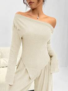 SHEIN Unity Bộ đồ hai mảnh áo và quần cổ bất đối xứng có gân màu trơn - Màu be - Xem 6