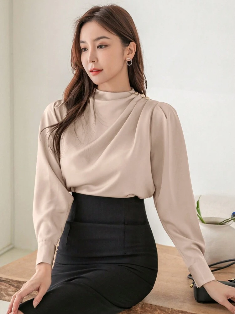 Solid Color Stand Collar Pleated Long Sleeve Shirt,Fall Clothes