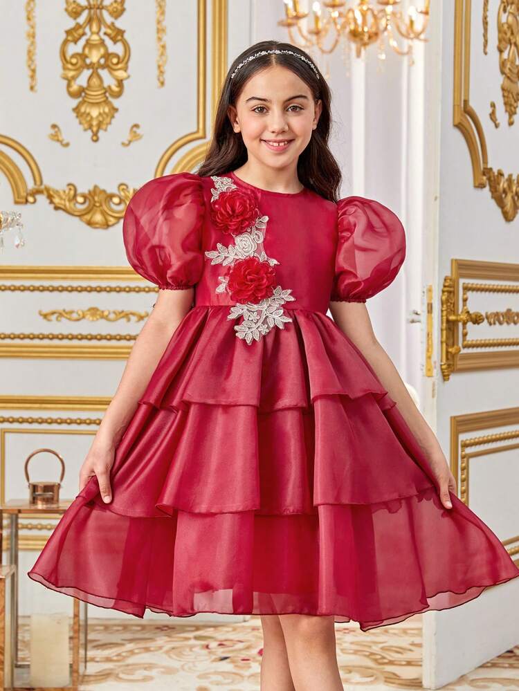 Tween Girls' Gorgeous Puff Sleeve 3d Flower Dress