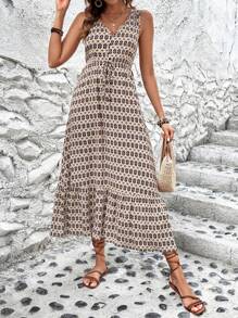 SHEIN Clasi Vestido de mujer sin mangas con estampado geométrico y bajo con volantes, atuendo de mujer maxi