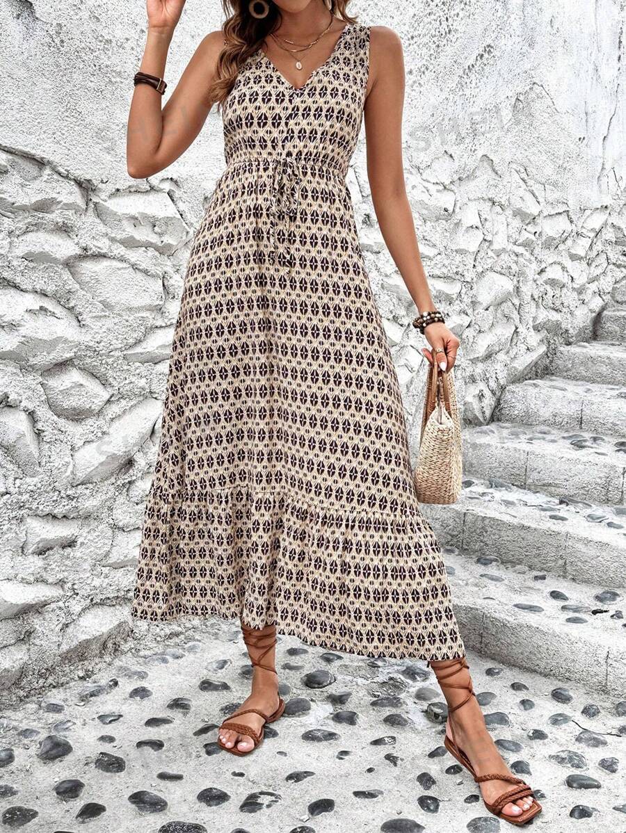 SHEIN Clasi Vestido de mujer sin mangas con estampado geométrico y bajo con volantes, atuendo de mujer maxi