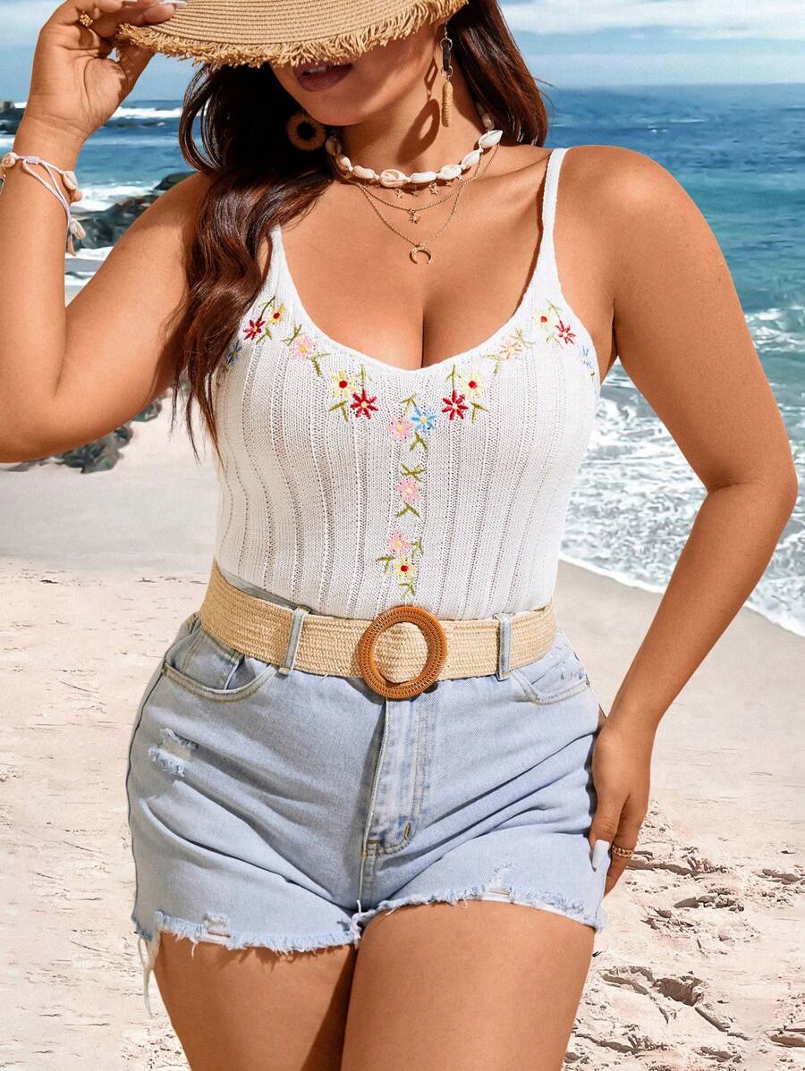 Flirla Plus Size Women's Stylish Floral Embroidery Knit Tank Top - White - View 1