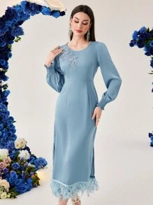 Modelyn Embroidered Patchwork Split Feather Hem Dress Long Evening Dresses Fall Cloth For Women - Blue - View 1