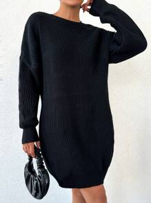 EURMUSE Ladies' Pure Color Lace Splice Knitted Sweater Dress Without Belt - Black - View 5