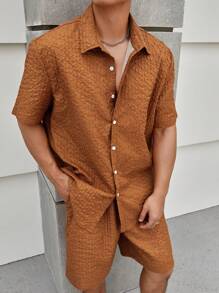 Manfinity Homme Męski Rozmiar Plus Teksturowane Krótki Rękaw Koszula I Szorty - Brązowy - Zobacz 5