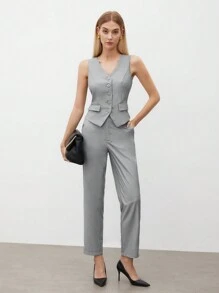 BizChic 秋冬女士单排扣西装背心和裤子套装 - 黑色 - 查看 3