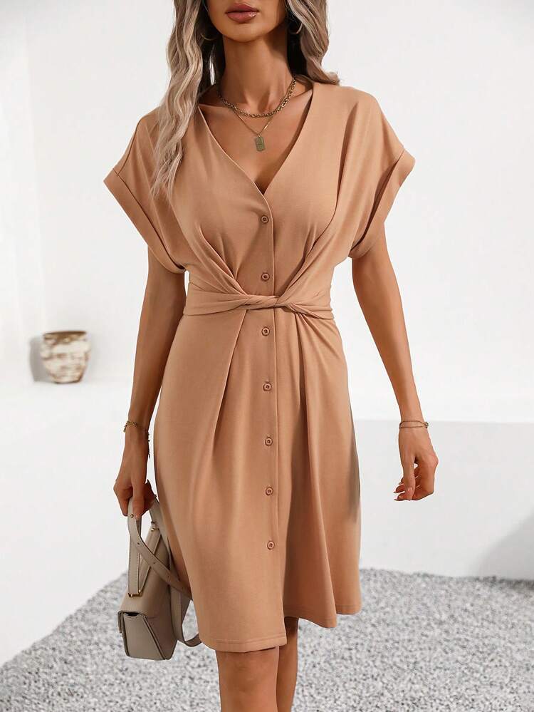 Women's Twist Front Single-Breasted Batwing Short Sleeve Dress
