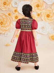 SHEIN Leap Crew Young Girls' Cute Holiday Printed Patchwork Round Neck Puff Sleeve Long Dress - Red - View 2