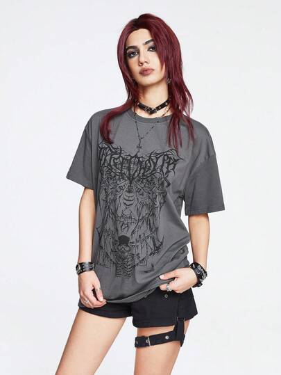 Grunge Punk Casual Loose Skull Moth Gothic Letter Print Women's T-Shirt