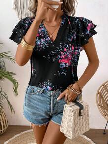 Breezaya 女士花卉印花多層荷葉袖襯衫 - 彩色 - 查看 4