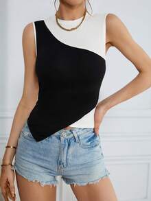SHEIN Essnce 女士夏季休閒顏色分塊不對稱縫邊背心 - 黑與白 - 查看 6