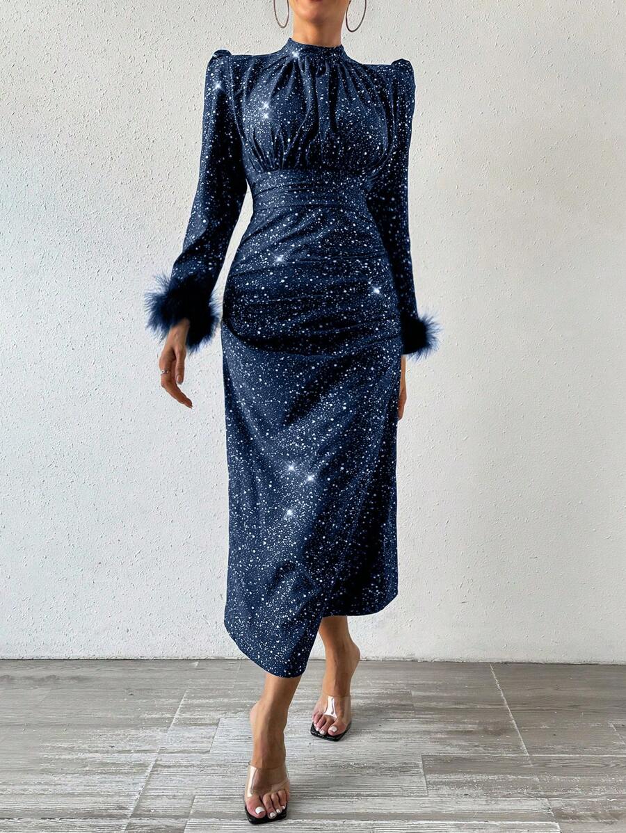 Chiquease Xếp li Ống tay áo Lông Gà tây Đầm - Màu xanh lam - Xem 1