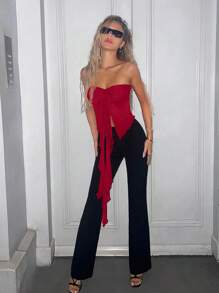 SHEIN ICON Vår Enfärgad Utan band Röd Topp Med Framtill Knut Och Hög-låg - Bourgogne - Visa 2