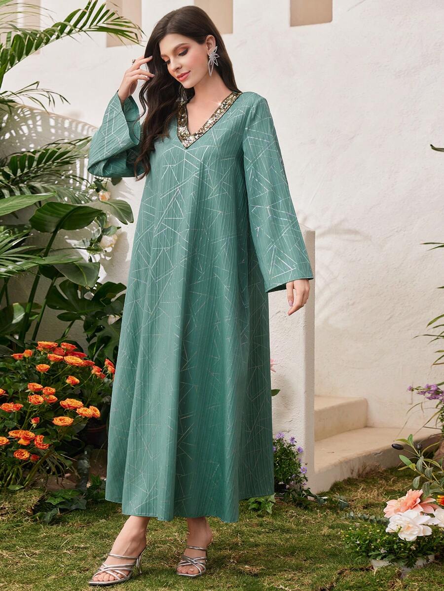 SHEIN Najma 女款幾何印花阿拉伯風格拼布閃亮亮片洋裝 - 綠色 - 查看 1