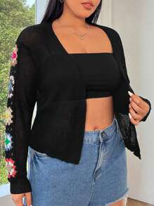 Flirla 大尺碼女鉤針鏤空開襟衫 - 黑色 - 查看 4