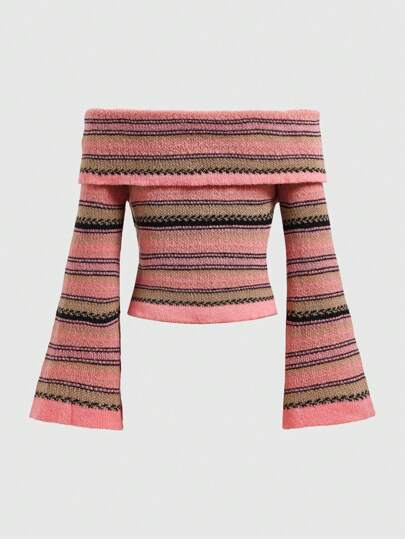 Kawaii Pull Rose À Rayures Épaules Dénudées Pour Femmes