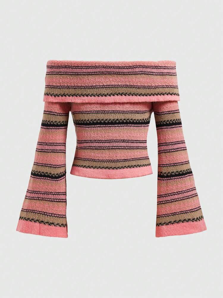 Women's Off Shoulder Pink Striped Sweater