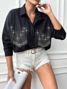 EURMUSE Long Studded & Rhinestone & Hot Drilling Detailed Drop Shoulder Shirt - Black - View 4