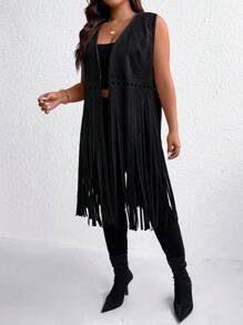 EMERY ROSE Plus Size Solid Color Fringed Sleeveless Jacket, For Winter Fall Autumn - Black - View 4