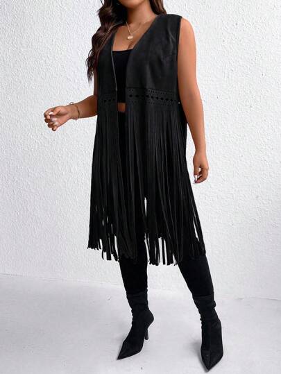 EMERY ROSE Plus Size Solid Color Fringed Sleeveless Jacket, For Winter Fall Autumn