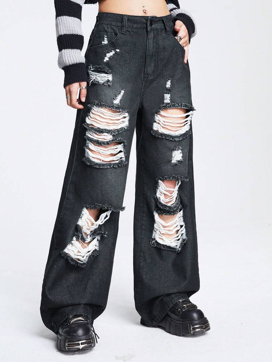 ROMWE Grunge Punk Women's Ripped Wide Leg Denim Trousers - Black - View 1