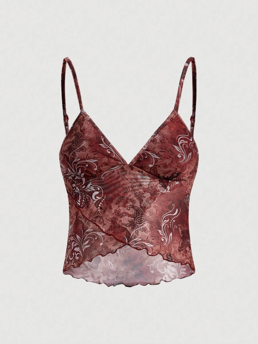 SHEIN ICON Plant Print Cross Wrap Sheer Mesh Cami Top - Red - View 1