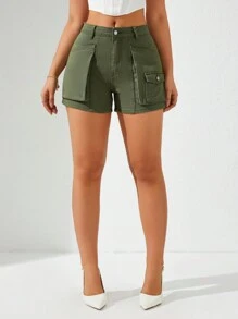 SHEIN Privé Green Cargo Denim Shorts - Army Green - View 6