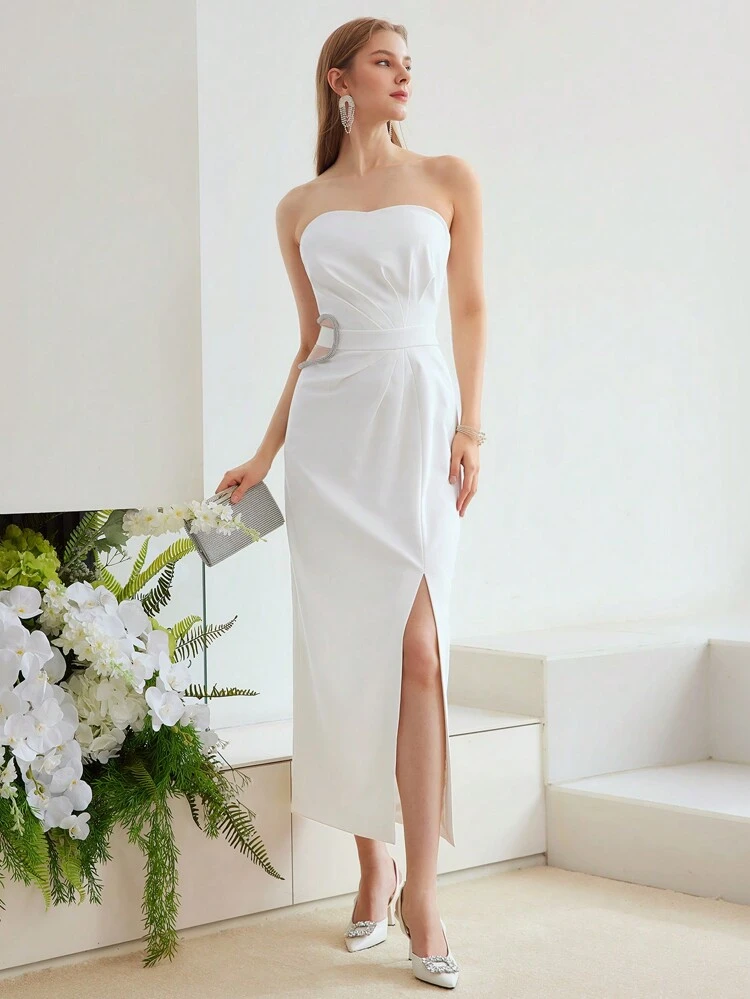 WOVEN GATHERED SLIT HIGH DRESS
