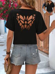 SHEIN LUNE Blusa De Manga Corta Con Corte De Mariposa En La Espalda Y Cuello Con Muesca - Negro - Ver 1