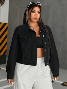 CovetEZ 大尺碼純色長袖牛仔外套 - 黑色 - 查看 3