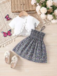 Baby Girl Ditsy Floral Print Ruffle Strap Dress And Short Sleeve Shawl Set For Summer - Multicolor - View 1