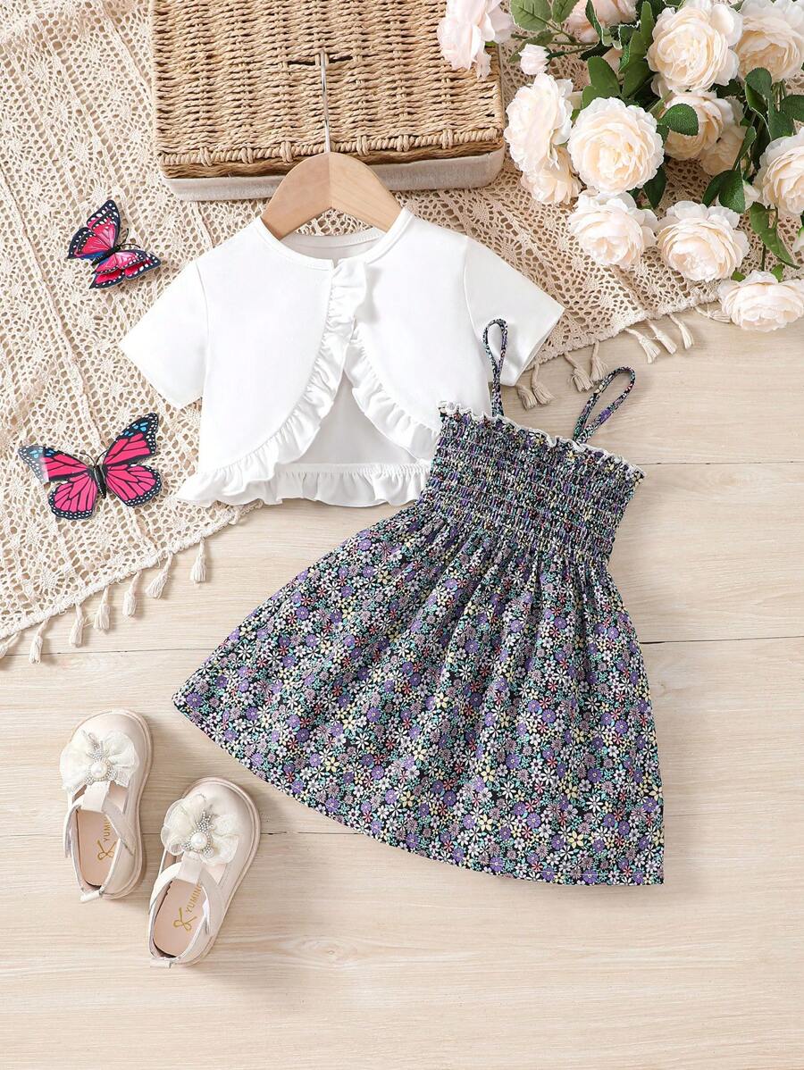 Baby Girl Ditsy Floral Print Ruffle Strap Dress And Short Sleeve Shawl Set For Summer - Multicolor - View 1