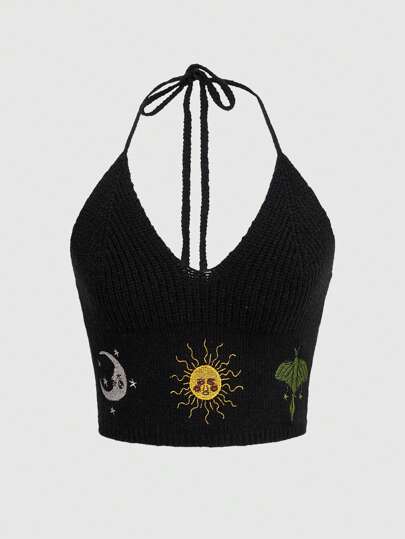 Hippie Top De Punto Con Bordado De Sol Y Luna Y Diseño Halter