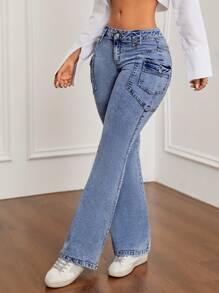 SHEIN ICON 休闲侧条纹工装口袋牛仔喇叭裤 - 淺色水洗藍 - 查看 4