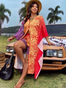 SHEIN LUNE Conjunto De Camisa Y Pantalones Cortos Estampados De Corte Holgado Para Mujer De Talla Grande