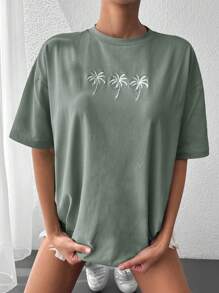 Cottnline Cotton Tropical Print Drop Shoulder Tee