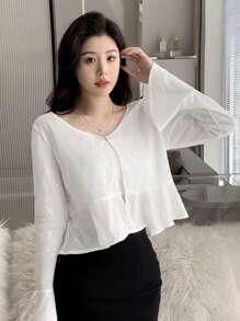 DAZY Solid Color Glitter Long Sleeve Crop Blouse With Flare Cuffs For Women,Ruffle - White - View 5