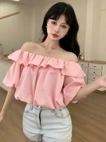 DAZY Màu thuần Ngắn Áo sơ mi Crop Với Off Shoulder & Xù Hoa Sen Thiết kế Đối với phụ nữ - Hồng - Xem 3